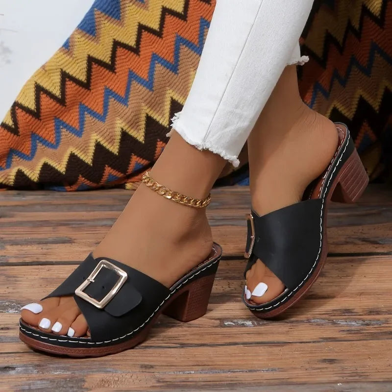 Women's Chunky Heels Buckle Slides