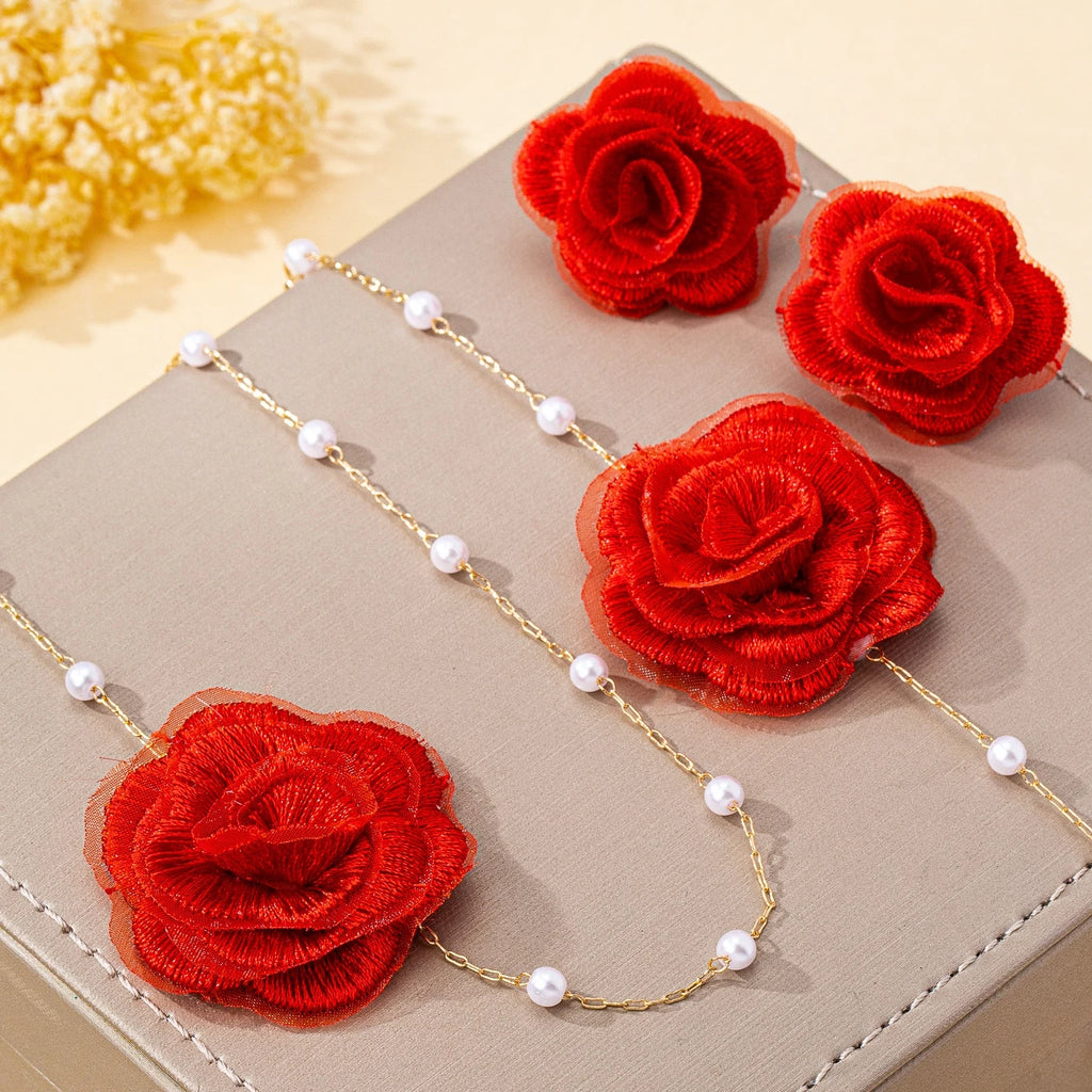 Women Jewelry Set Elegant Fabric Flower Pearl Necklace, Bracelet ,Stud Earrings