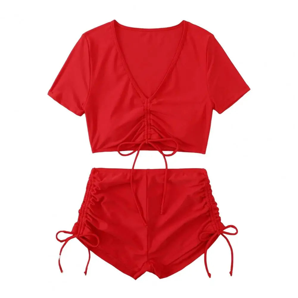 Womens V-Neck Short Sleeve Summer Bikini Set