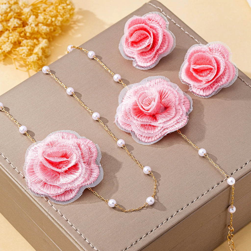 Women Jewelry Set Elegant Fabric Flower Pearl Necklace, Bracelet ,Stud Earrings