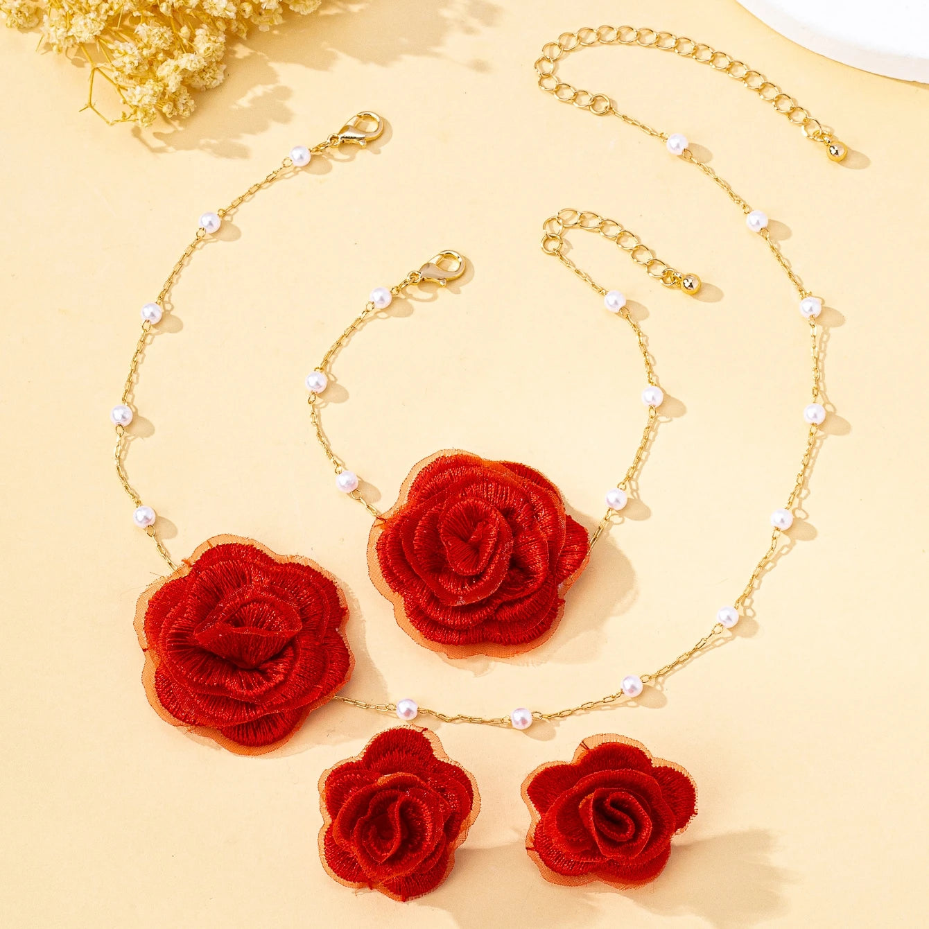 Women Jewelry Set Elegant Fabric Flower Pearl Necklace, Bracelet ,Stud Earrings