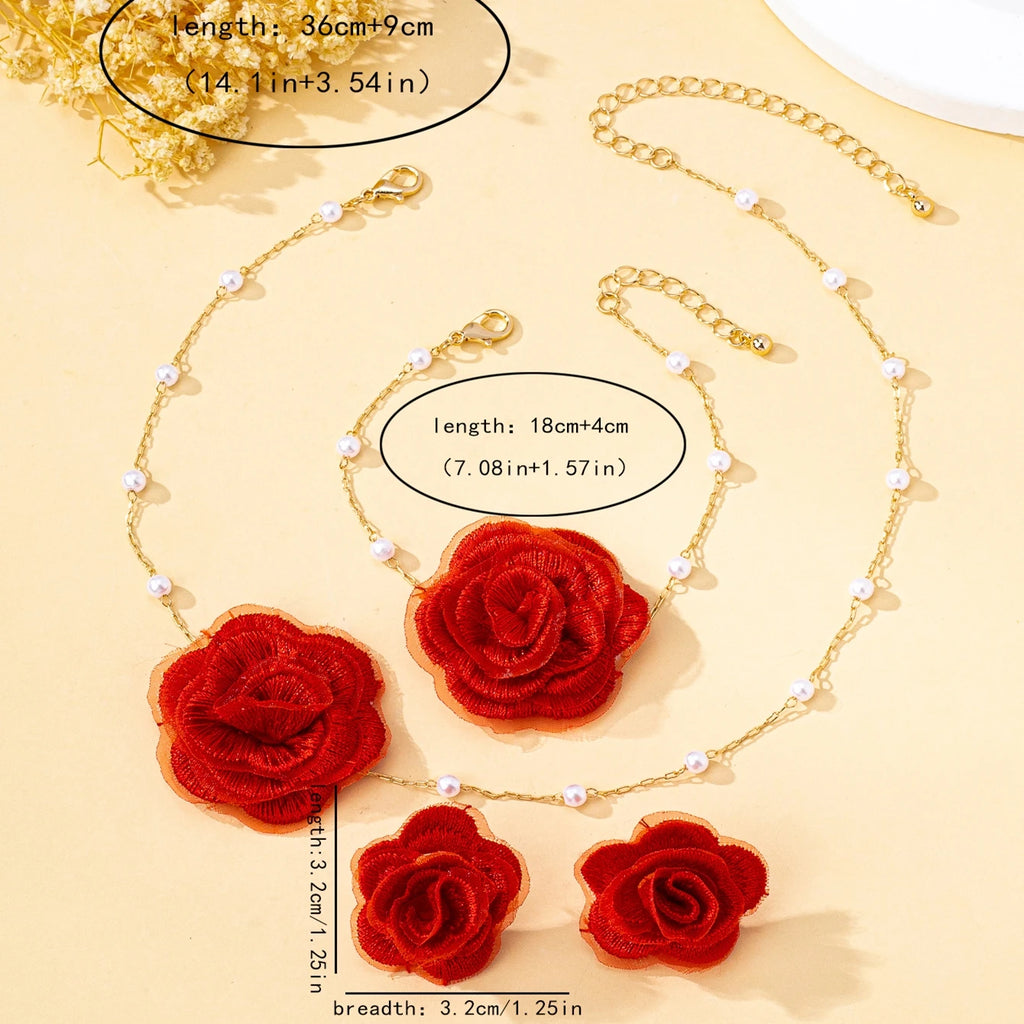 Women Jewelry Set Elegant Fabric Flower Pearl Necklace, Bracelet ,Stud Earrings