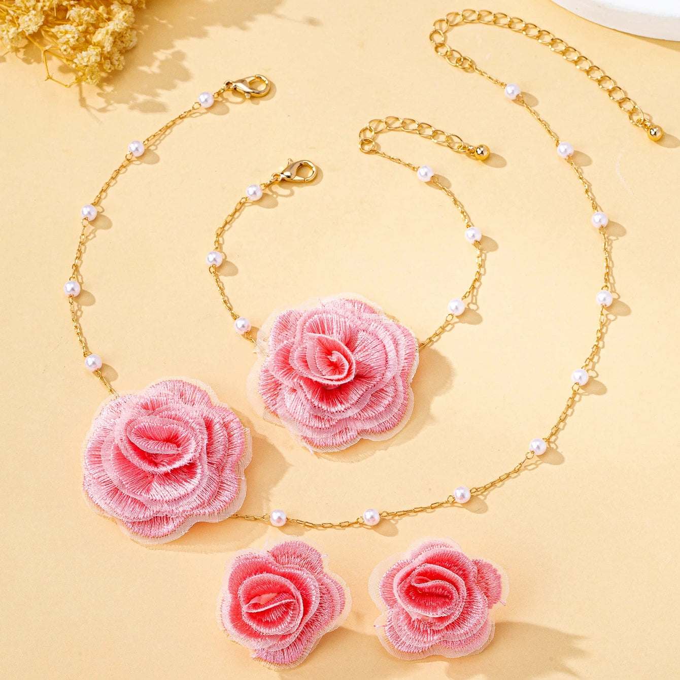 Women Jewelry Set Elegant Fabric Flower Pearl Necklace, Bracelet ,Stud Earrings