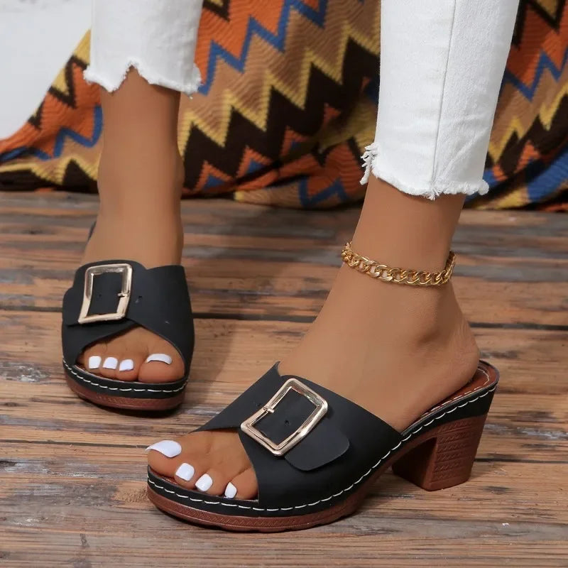 Women's Chunky Heels Buckle Slides