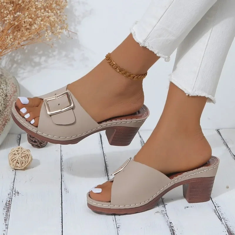 Women's Chunky Heels Buckle Slides
