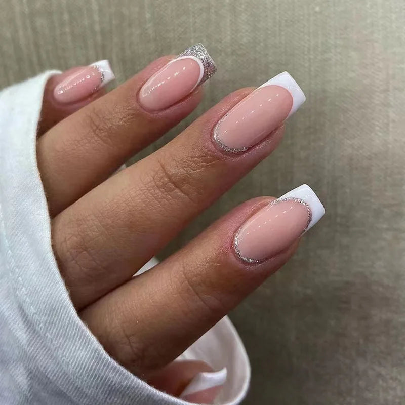 24Pcs French Tip Handmade Press On Nails With Glue