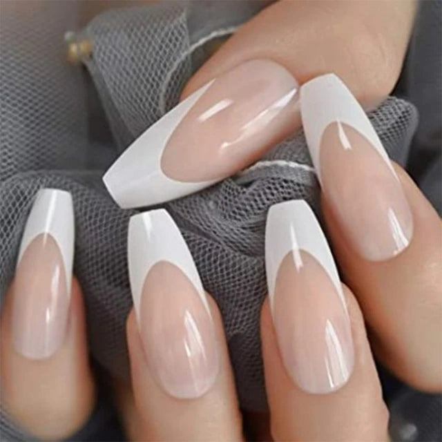 24Pcs French Tip Handmade Press On Nails With Glue