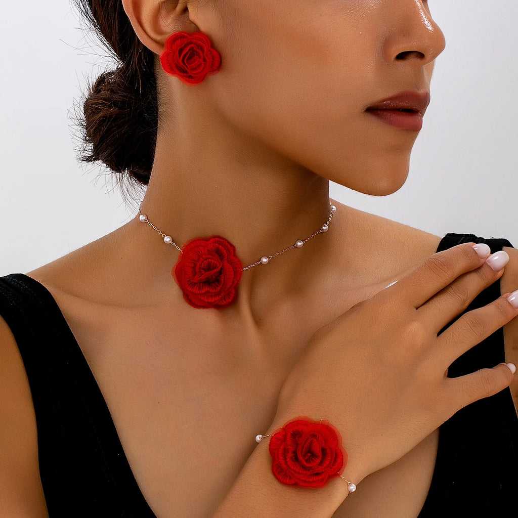 Women Jewelry Set Elegant Fabric Flower Pearl Necklace, Bracelet ,Stud Earrings